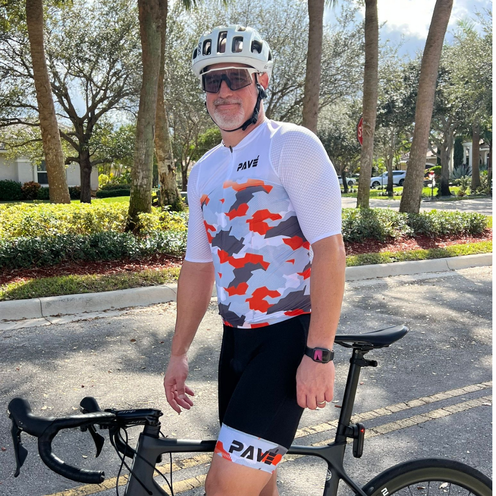 Cyclist in a custom Pavé PRO-ULTRA jersey and bib shorts